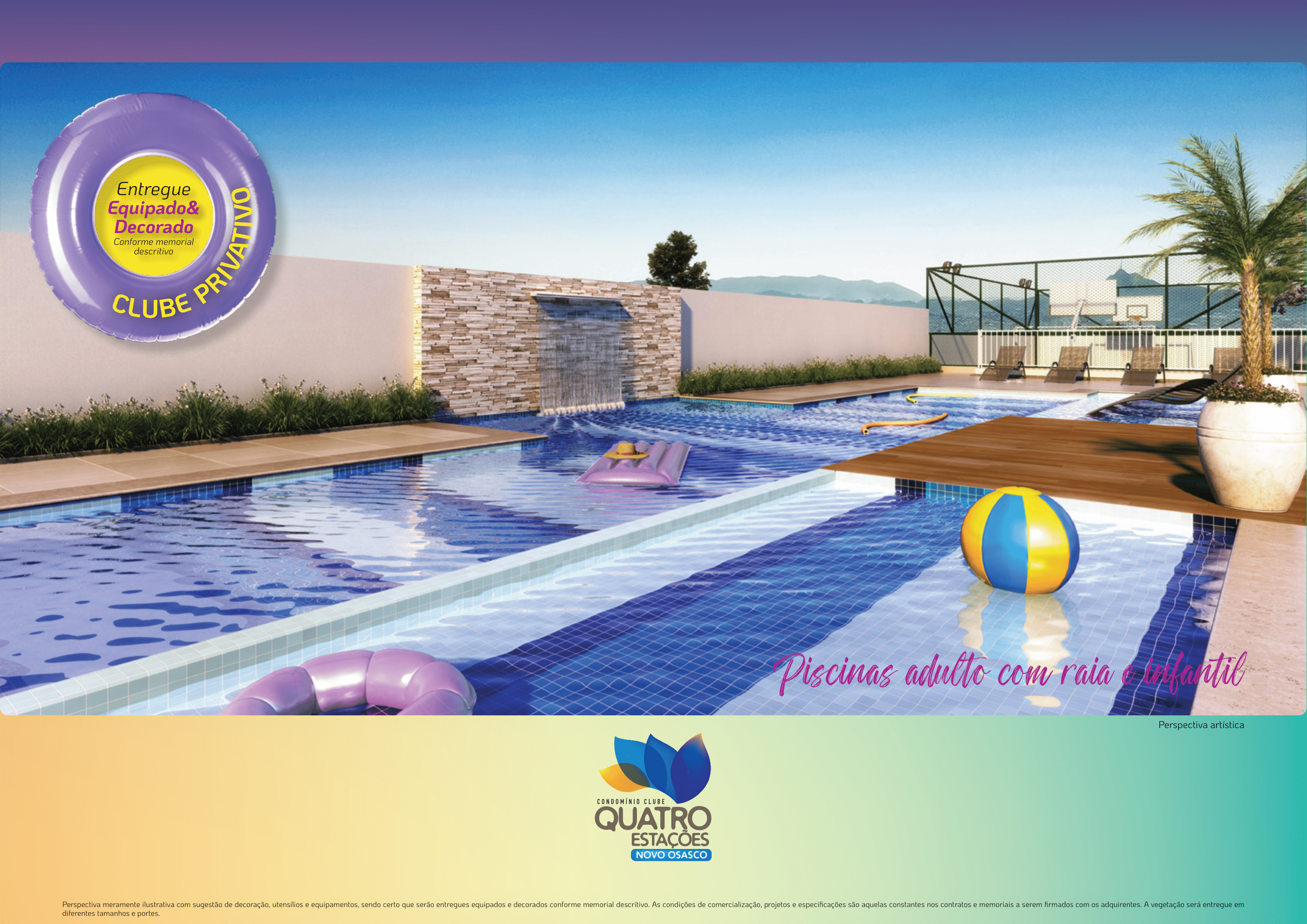 Área de piscina do condomínio Quatro Estações com deck molhado